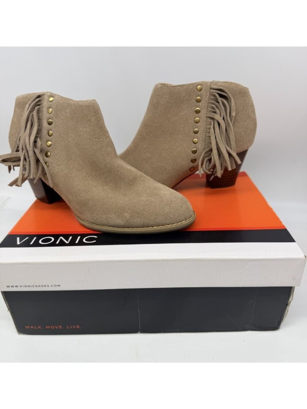 Vionic Faros Light Tan Bootie Boots Suede Fringe Block Heel Ankle Size 7 NIB